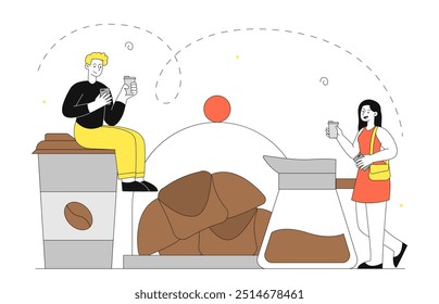 Pessoas com café e croissant. Homem e mulher perto de uma enorme xícara de bebida quente e doces franceses tradicionais. Bebida com sobremesa e delicadeza. Ilustração de vetor linear isolada no plano de fundo branco