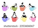 People in coffee cup. Giant tea mug. Cute persons read books or chat by mobile. Characters sitting in various big objects. Women relaxing. Drink glasses set. Vector cartoon tidy design