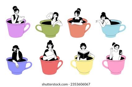 Leute in der Kaffeetasse. Riesentechmug. Junge Leute lesen Bücher oder chatten per Handy. Charaktere, die in verschiedenen großen Objekten sitzen. Frauen entspannen. Trinkgläser Set. Vektorgrafik-Design