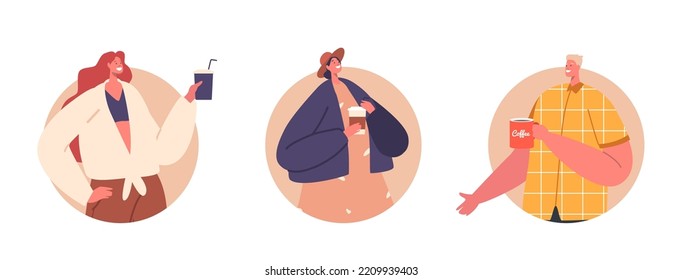 Personas con tazas de café aisladas Iconos redondos o avatares. Personajes masculinos o femeninos modernos con tazas para llevar. La Gente Mañana Refrescante, Disfrutando De Bebidas Calientes. Ilustración del vector de dibujos animados