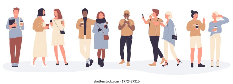 People with coffee drink takeaway vector illustration set. Cartoon young man woman couple characters walking on city street, happy friends standing, holding hot coffee paper cup isolated on white