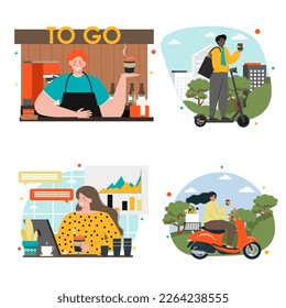 People with coffee drink takeaway vector set