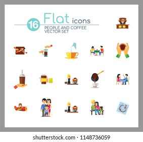 People And Coffee Icon Set. Takeaway Cup Rich Person Director Dinner Coffee On Napkin Coffee And Hands Pouring Milk Press Pot Waitress Pouring Drinking Coffee