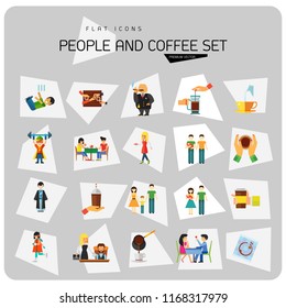 People And Coffee Icon Set. Takeaway Cup Rich Person Director Dinner Coffee On Napkin Coffee And Hands Pouring Milk Press Pot Waitress Pouring Drinking Coffee