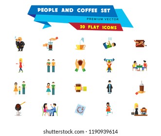 People And Coffee Icon Set. Takeaway Cup Rich Person Director Dinner Coffee On Napkin Coffee And Hands Pouring Milk Press Pot Waitress Pouring Drinking Coffee