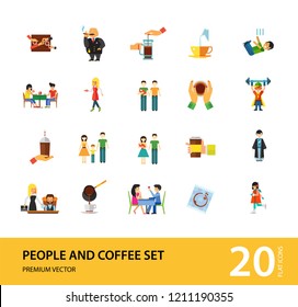 People And Coffee Icon Set. Takeaway Cup Rich Person Director Dinner Coffee On Napkin Coffee And Hands Pouring Milk Press Pot Waitress Pouring Drinking Coffee