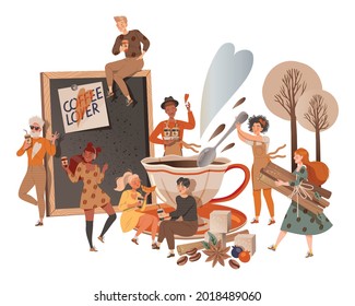 People Coffee Lover Sitting and Standing Near Huge Cup Drinking Hot Aromatic Beverage Vector Illustration