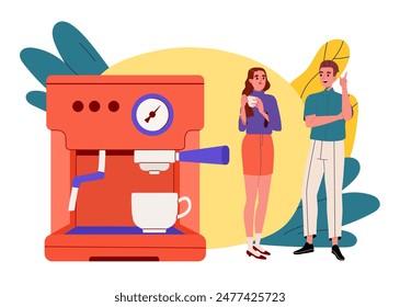 People with coffee machine. Man and woman near coffeemaker. Characters making hot coffee drink during break and communicate. Cartoon flat vector illustration isolated on white background