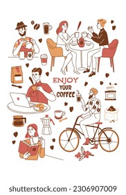 People with coffee set. Characters drink, brew and enjoying beverages in cafes, while cycling and working. Elements of beans, mugs and cezve in doodle style. Cartoon flat vector collection isolated