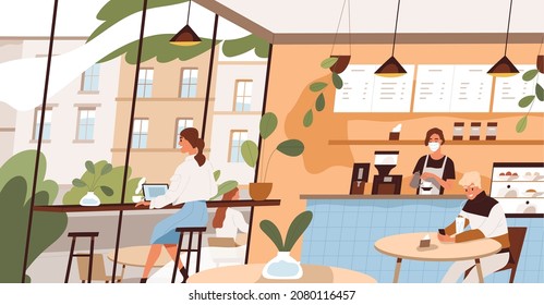 People at coffee shop. Barista at counter and happy visitors at tables in cafe. Inside modern coffeehouse. City cafeteria. Colored flat vector illustration of cozy coffeeshop with window and plants