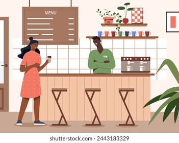 People in coffee Shop. Bartender with woman with plastic cup. Barista with client. Cafe or catering service. Aroma and beverage, hot drink. Americano and cappuccino. Cartoon flat vector illustration