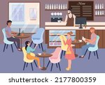 People in a coffee shop in flat design. Includes a barista making coffee, a businessman working on a laptop, a man reading a book, and a meeting of girlfriends. 
