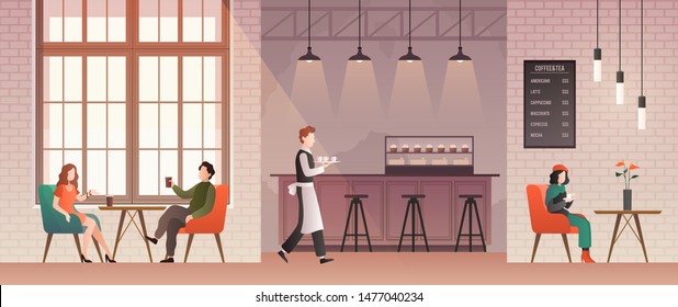 People in coffee shop. Friends meet and drink coffee and relax in coffeehouse. Guys talk with happy barista. Flat vector cafe work, cute table bar style working illustration