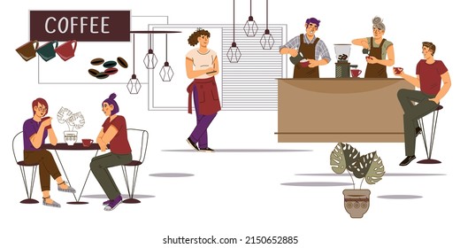 People in coffee shop interior. Barista and customers inside coffeehouse or cafe, cafeteria, flat vector illustration.