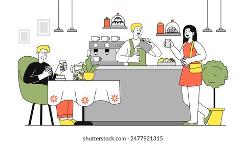 Personas en la cafetería. Hombre y mujer se sientan con bebidas calientes. Capuchino y mochaccino, americano. Ocupación de cafetería y catering. Ilustración vectorial plana lineal aislada sobre fondo blanco