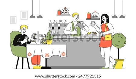 People in coffee shop. Man and woman sit down with hot drinks. Cappuccino and mochaccino, americano. Cafe and catering occupation. Linear flat vector illustration isolated on white background