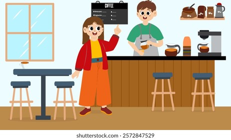 People in coffee shop vector illustration. Barista and customers inside cozy local cafe interior. Vector illustration of coffee shop with barista making coffee