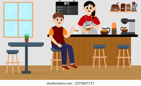 People in coffee shop vector illustration. Barista and customers inside cozy local cafe interior. Vector illustration of coffee shop with barista making coffee