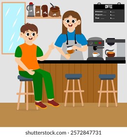 People in coffee shop vector illustration. Barista and customers inside cozy local cafe interior. Vector illustration of coffee shop with barista making coffee