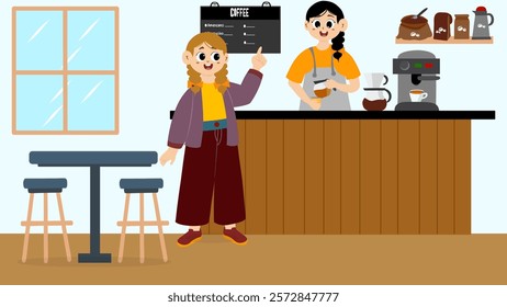 People in coffee shop vector illustration. Barista and customers inside cozy local cafe interior. Vector illustration of coffee shop with barista making coffee