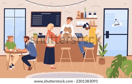 People in coffee shop vector illustration. Barista and customers inside cozy local cafe interior. Men and women drink coffee and tea in cafeteria or coffeehouse, bakery.