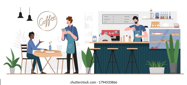 People in coffeehouse bar vector illustration. Cartoon flat man character sitting at cafe table, ordering coffee drink or food desserts from waiter, barista standing at bar counter interior background