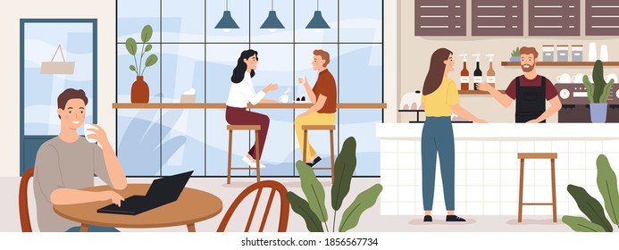 People coffeehouse. Cafe interior man and woman drinking coffees. Barista and customer in cafeteria or coffee shop, vector concept. Illustration cafe interior, man and woman in restaurant and coffee