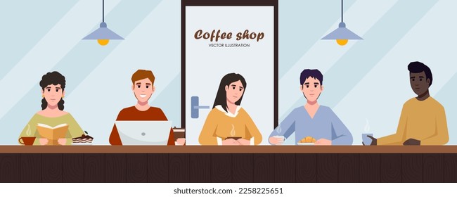 People coffeehouse. Flat young people communicating and working in coffeehouse. People relax at city cafe. Characters eat dessert and drink coffee or tea at coffeeshop.