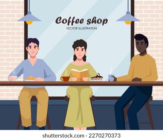 People coffeehouse. Flat young people communicating and working in coffeehouse. People relax at city cafe. Characters eat dessert and drink coffee or tea at coffeeshop.
