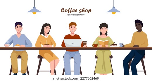 People coffeehouse. Flat young people communicating and working in coffeehouse. People relax at city cafe. Characters eat dessert and drink coffee or tea at coffeeshop.