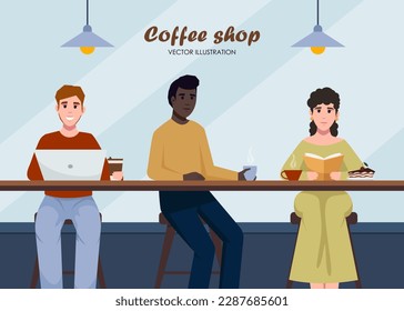 People coffeehouse. Flat young people communicating and working in coffeehouse. People relax at city cafe. Characters eat dessert and drink coffee or tea at coffeeshop.