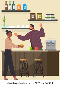 People in coffeehouse stand at counter. Cafe interior man and woman drinking coffees. Barista and customer in cafeteria or coffee shop. Illustration cafe interior, visitor in restaurant at lunch