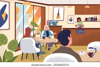 People in coffeehouse. Young woman man client indoor coffee shop interior, barista at cafe counter make espresso friends colleague meeting cozy cafeteria classy vector illustration original artwork