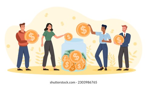 People with coins. Men and woman with gold coins and banknote near glass jar. Financial literacy and savings for investing. Collecting money in account concept. Cartoon flat vector illustration
