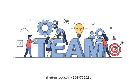 People collaborating to build the word team using blocks and gears