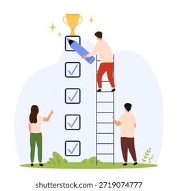 Menschen, die zusammenarbeiten, um Aufgaben der Checkliste zu erledigen, um eine goldene Trophäe zu erreichen, die Erfolg, Teamarbeit und Leistung in einer modernen flachen, isolierten Vektorgrafik symbolisiert
