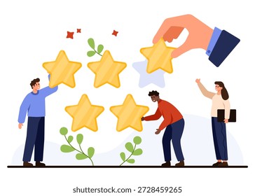 People collaborating to give five star rating, symbolizing positive feedback, teamwork, customer satisfaction, and quality service, isolated on white background vector illustration