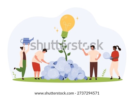 People collaborating to nurture innovation, growing a large lightbulb plant from many small bulbs, symbolizing teamwork, creativity, and development in a flat isolated vector illustration