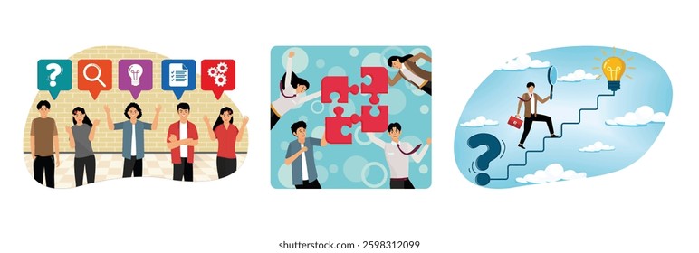 People collaborating and sharing ideas. Coworkers assembling jigsaw puzzle. Man finding solution on stair connect question mark to light bulb solution.  Set flat vector modern illustration 