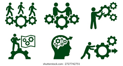 Personas colaborando y colaborando en proyectos complejos con engranajes y maquinaria en una ilustración conceptual