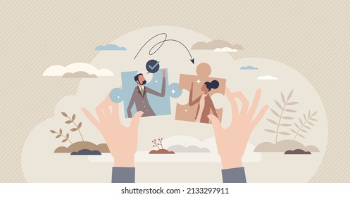 People collaboration and connect business together tiny person concept. Company development and progress strategy with partnership and teamwork vector illustration. Unity and support as jigsaw puzzle.