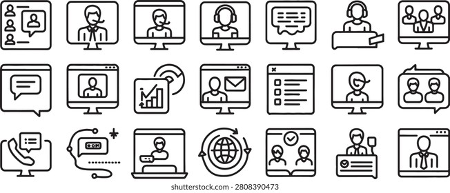 People Collaboration Icons Set with Video Call, Headset Support, Chat Bubbles, and Online Communication Vector Outlines