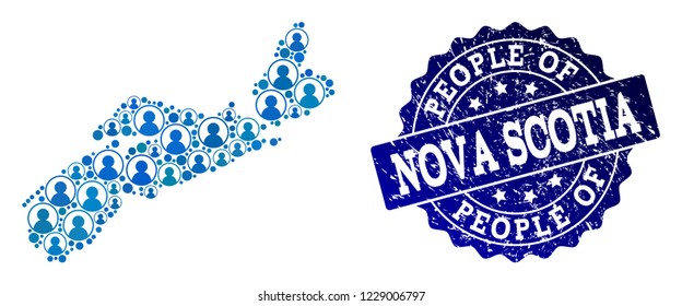 People collage of blue population map of Nova Scotia Province and rubber seal. Vector imprint with distress rubber texture. Mosaic map of Nova Scotia Province constructed with rounded users.