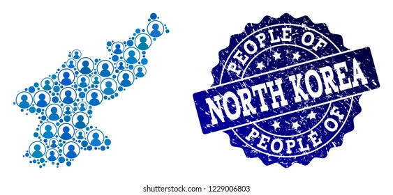 People collage of blue population map of North Korea and unclean seal. Vector seal with unclean rubber texture. Mosaic map of North Korea constructed with rounded users.