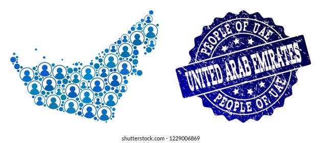 People collage of blue population map of United Arab Emirates and unclean seal. Vector seal with unclean rubber texture. Mosaic map of United Arab Emirates constructed with rounded users.