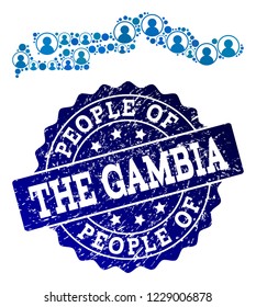 People collage of blue population map of the Gambia and rubber stamp. Vector seal with distress rubber texture. Mosaic map of the Gambia designed with rounded users. Flat design for patriotic posters.
