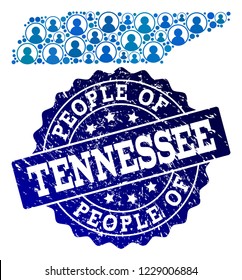 People collage of blue population map of Tennessee State and scratched stamp. Vector seal with scratched rubber texture. Mosaic map of Tennessee State constructed with rounded users.