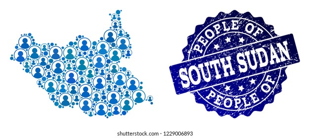 People collage of blue population map of South Sudan and rubber seal stamp. Vector seal with distress rubber texture. Mosaic map of South Sudan designed with rounded users.