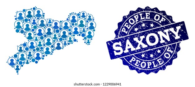 People collage of blue population map of Saxony State and dirty seal stamp. Vector seal with unclean rubber texture. Mosaic map of Saxony State designed with rounded users.