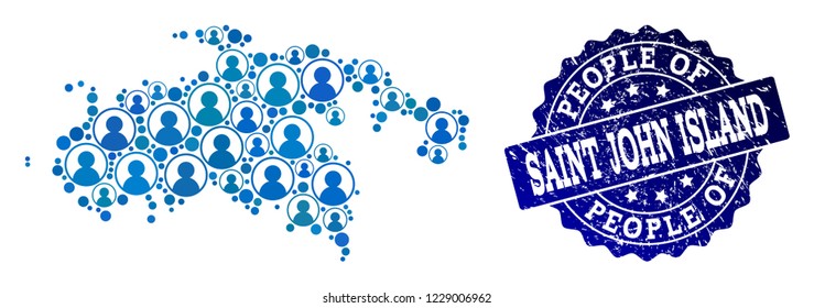 People collage of blue population map of Saint John Island and scratched seal. Vector seal with unclean rubber texture. Mosaic map of Saint John Island constructed with rounded users.